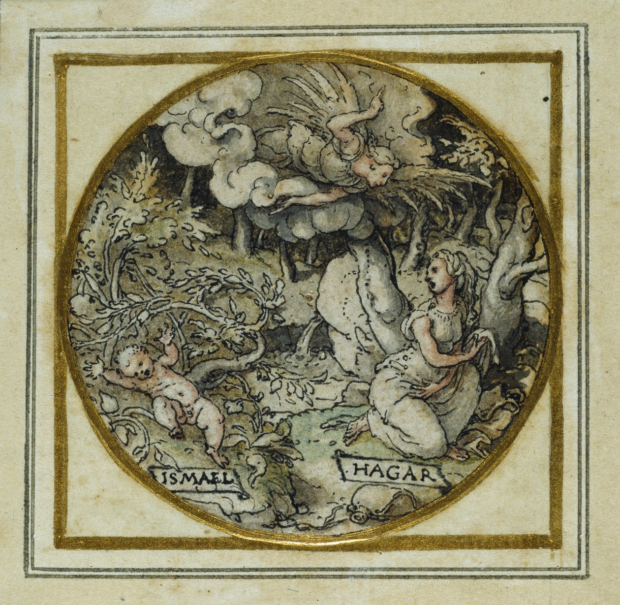 Hágár és Izmael – Medál- vagy kalapjelvény tervezése, 1532-43 körül (toll és tinta papíron) alkotó: Hans Holbein der Jüngere