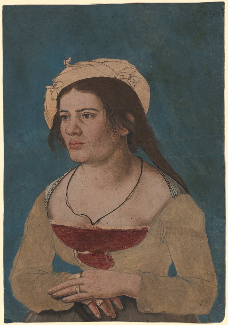 Hans Holbein az ifjabb (kb.) - Fiatal nő portréja piros mellényben, Inv. 1823.143 alkotó: Hans Holbein the Younger