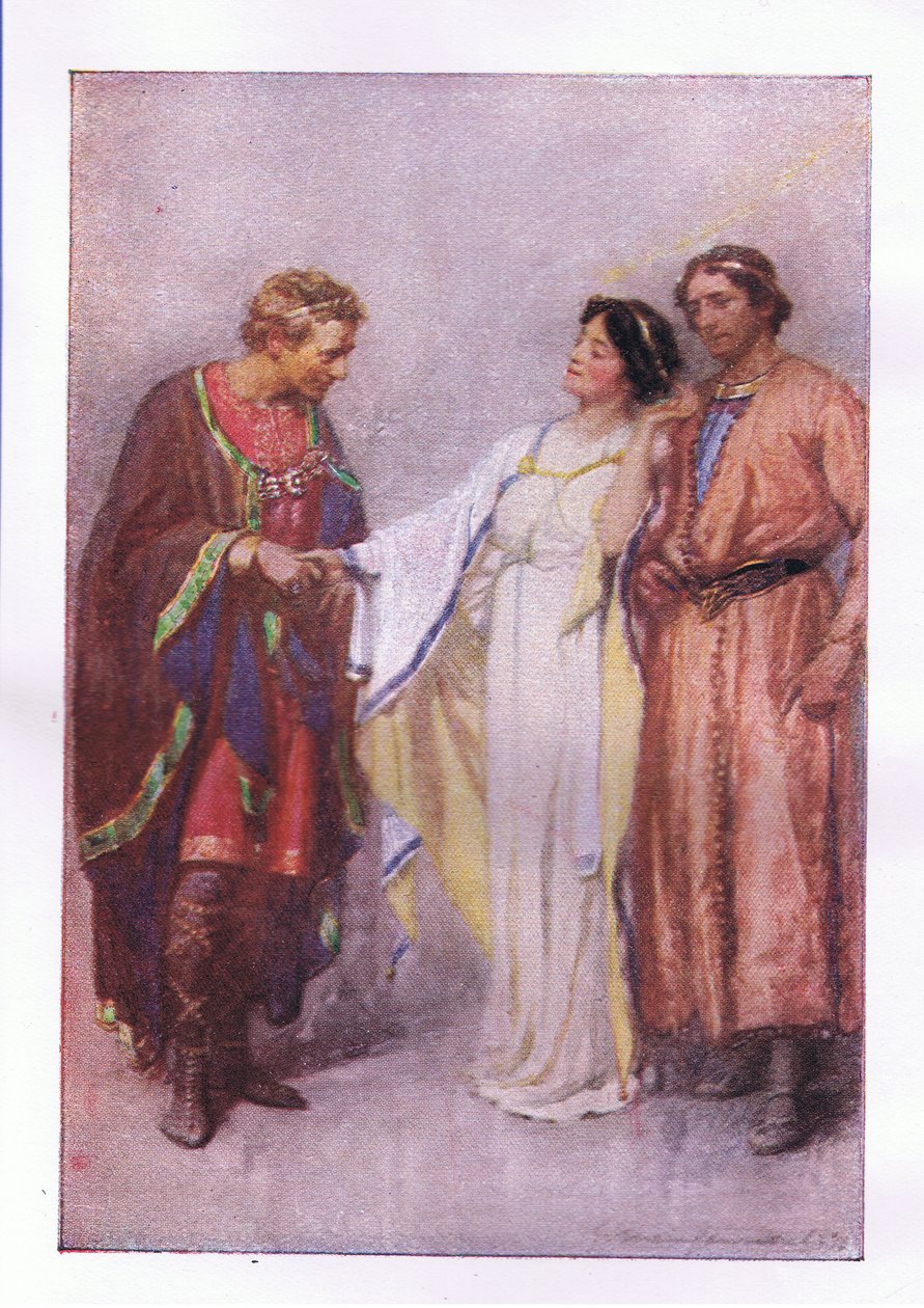 Hogy mondod? A foglyom vagy a vendégem? (The Winters Tale), a George Harrap & Co Ltd. által kiadott Shakespeare teljes műveiből, 1920-as évek alkotó: Hans Holbein der Jüngere