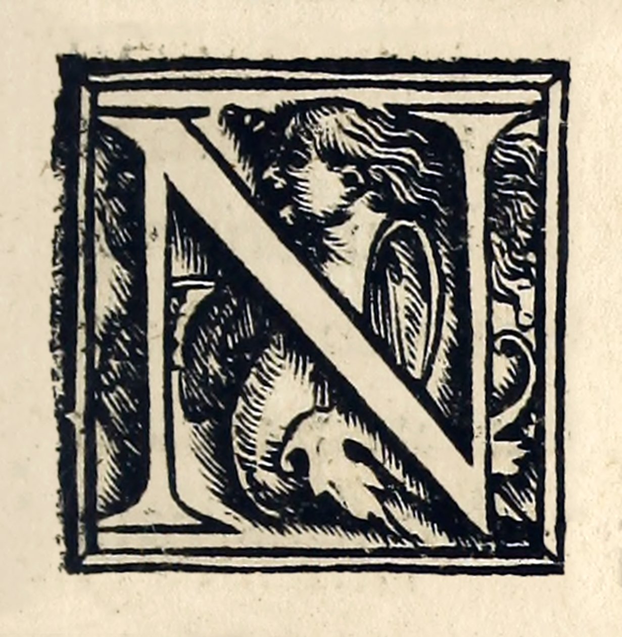 Megvilágított "N" Sir Thomas More (1478-1535) "Utópia" 1518-as bázeli harmadik kiadásából, amely először 1516-ban jelent meg. Hans Holbein ifjabb (kb. 1497-1543) fametszete alkotó: Hans Holbein der Jüngere