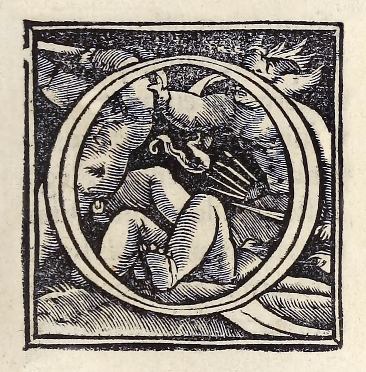 Megvilágított "O" az 1518-as bázeli "Utópia" harmadik kiadásából, Sir Thomas More (1478-1535) először 1516-ban jelent meg. Hans Holbein ifjabb (kb. 1497-1543) fametszete putti harcokat mutat be. alkotó: Hans Holbein der Jüngere