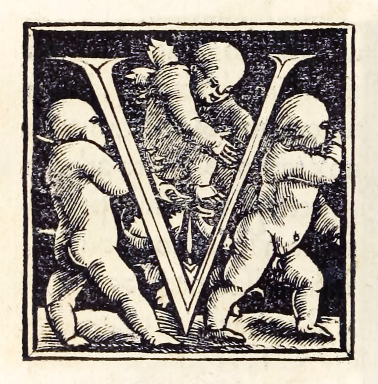 Megvilágított "V" betű Sir Thomas More (1478-1535) "Utópia" 1518-as bázeli harmadik kiadásából, amelyet először 1516-ban adtak ki. Hans Holbein ifjabb (kb. 1497-1543) fametszete alkotó: Hans Holbein der Jüngere
