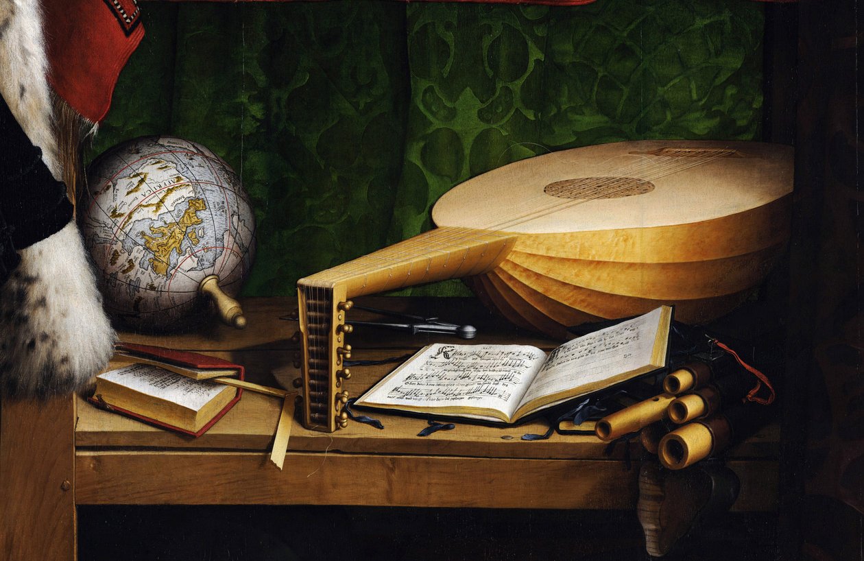A nagykövetek (Jean de Dinteville (1504-1555 vagy 1557) és Georges de Selve (1506-1541)) (A nagykövetek (Jean de Dinteville és Georges de Selve). Részlet az alsó polc műszereiről: földgömb, földgömb számtan, lant társsal alkotó: Hans Holbein der Jüngere