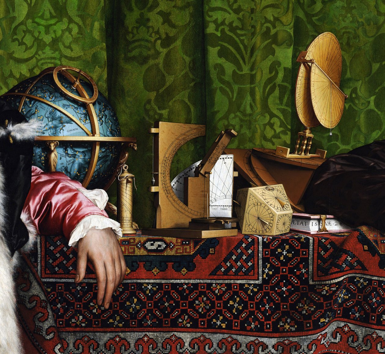 A nagykövetek (Jean de Dinteville (1504-1555 vagy 1557) és Georges de Selve (1506-1541)) (A nagykövetek (Jean de Dinteville és Georges de Selve). Részlet a felső polc csillagászati ​​műszereiről: égi földgömb, törökország (vagy torquetum) és cad alkotó: Hans Holbein der Jüngere