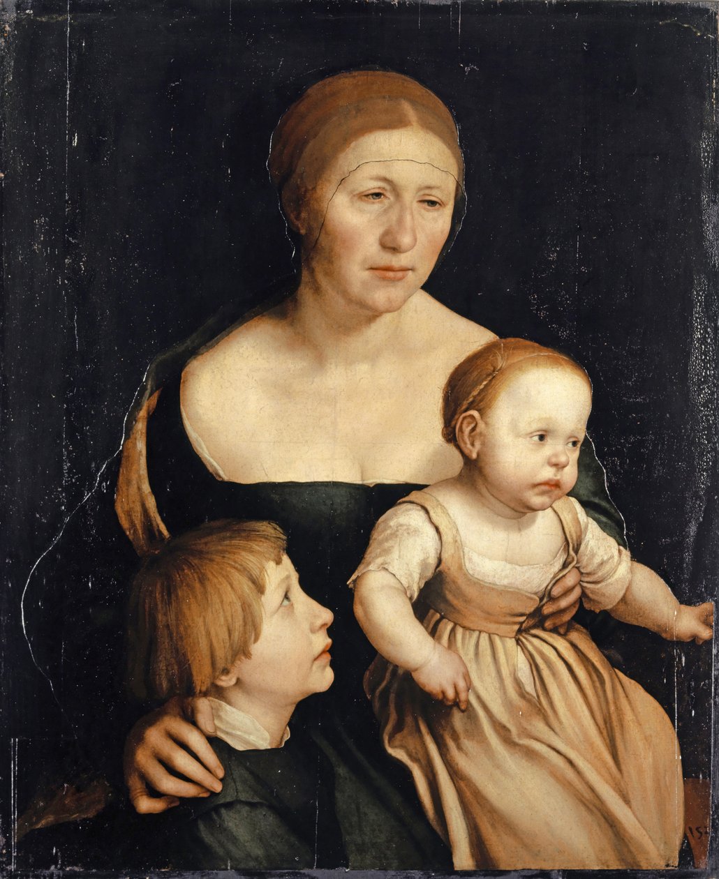 A művész feleségének portréja a két idősebb gyerekkel, 1528-29 (vegyes technika, fára ragasztott papíron) alkotó: Hans Holbein der Jüngere