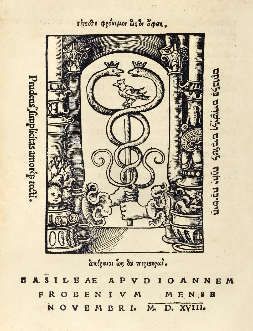 Johann Frobens (kb. 1460-1527) nyomdajegye, amelyen két kéz a caduceust tartja Sir Thomas More (1478-1535) „Utópia” 1518-as harmadik kiadásából, amely először 1516-ban jelent meg. Hans Holbein ifjabbi fametszete (c. 1497-1543) alkotó: Hans Holbein der Jüngere