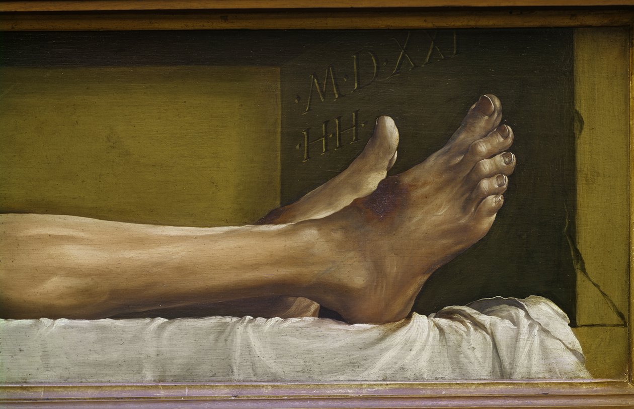 A halott Krisztus teste, a láb részlete és a mű aláírása és dátuma, 1521-es tempera hársfán alkotó: Hans Holbein der Jüngere