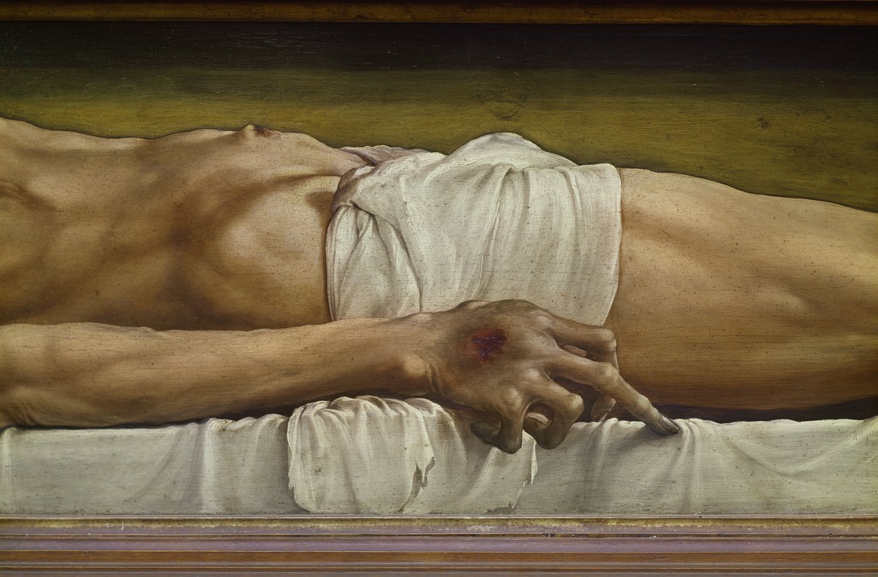 A halott Krisztus teste, kézrészlet, 1521-es tempera hársfán alkotó: Hans Holbein der Jüngere