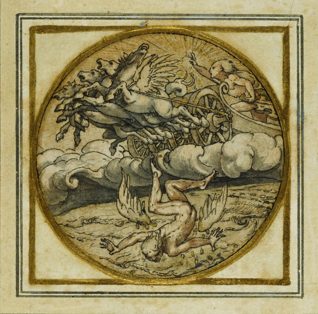 The Fall of Icarus – Tervezés medálhoz vagy kalapjelvényhez, 1532-43 körül (toll és tinta papíron) alkotó: Hans Holbein der Jüngere