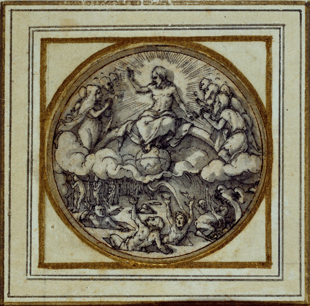 Az utolsó ítélet – medál- vagy kalapjelvény tervezése, 1532-43 körül (toll és tinta papíron) alkotó: Hans Holbein der Jüngere
