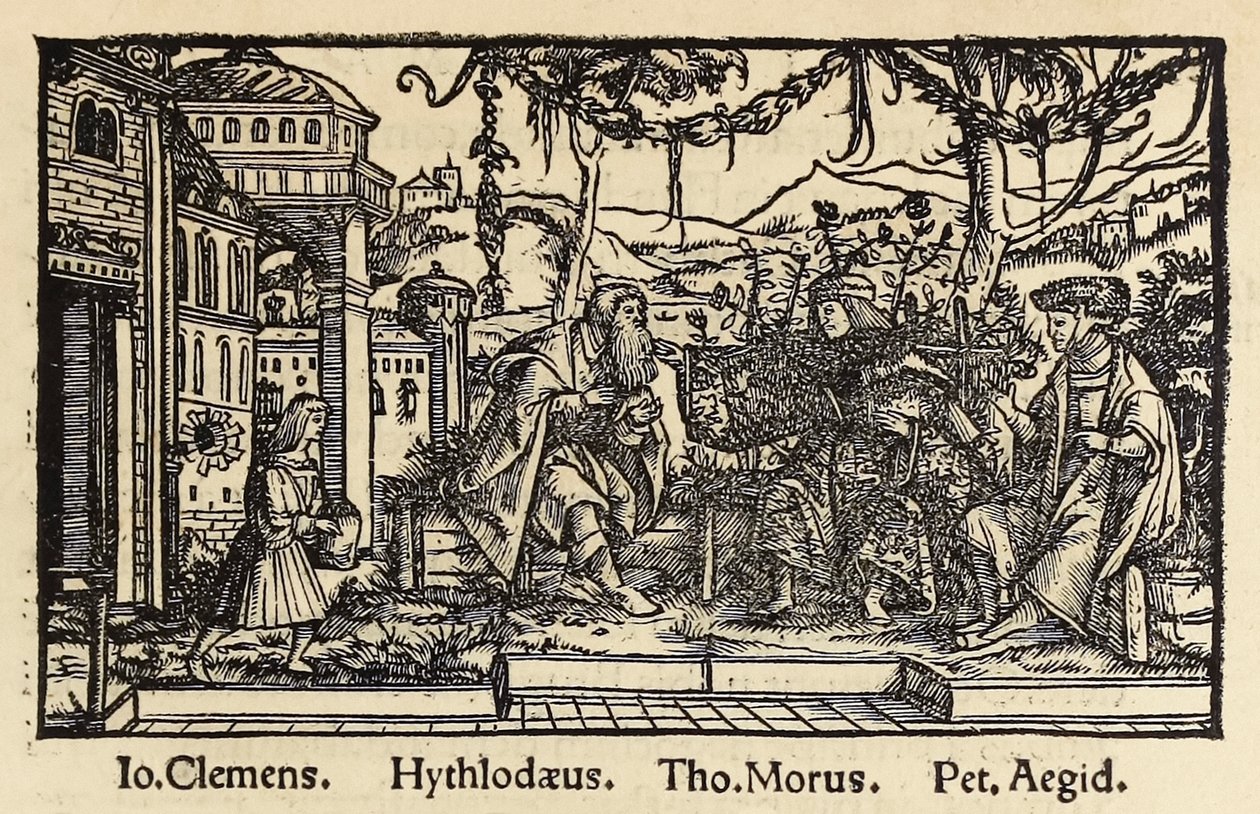 Sir Thomas More (1478-1535) Bázelben megjelent „Utópia” 1518-as harmadik kiadásából készült fametszet, amelyen a szerző Raphael Hythloday főszereplőjével beszélget az Utópia szigetén talált ideális társadalomról. Hans Holbein ifjabb fametszete alkotó: Hans Holbein der Jüngere
