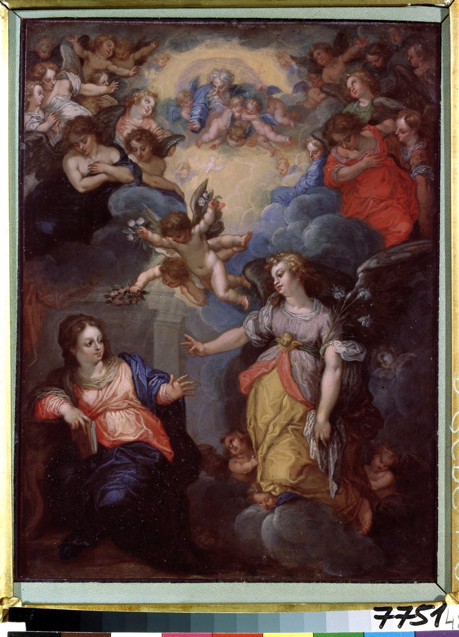 Az Angyali üdvözlet. Hans Rottenhammer Groin (1564-1625) festménye. Olaj, réz, 37 x 21 cm. Német művészet, manierizmus. Lett Köztársaság Állami Külföldi Művészeti Múzeuma, Riga (Lettország). alkotó: Hans I or Johann Rottenhammer