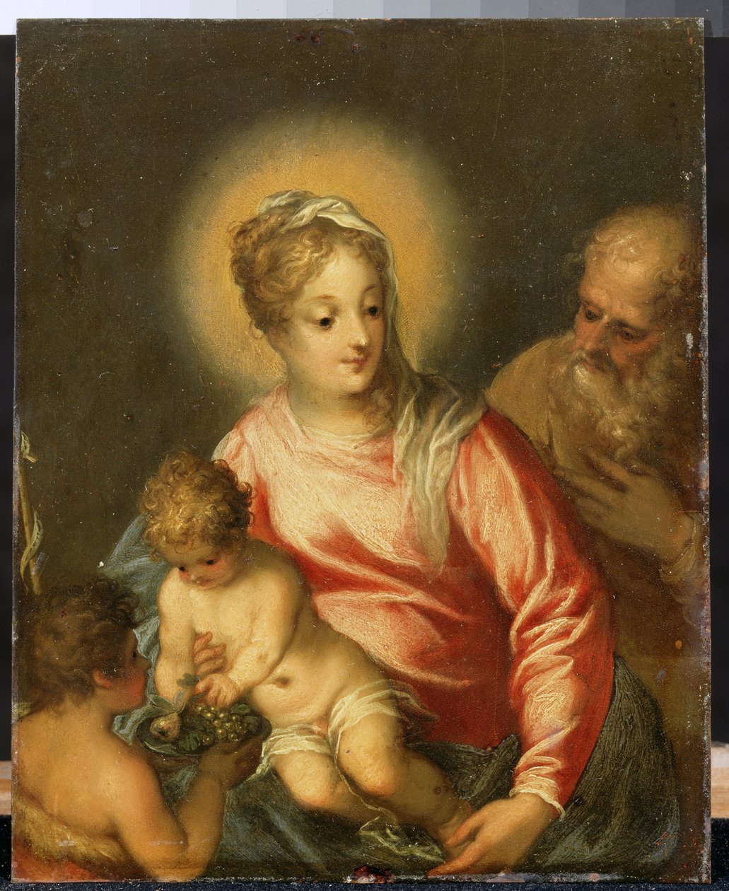 A Szent Család Keresztelő Szent Jánossal. Hans Rottenhammer Groin (1564-1625) festménye. Olaj, réz, 27,5 x 35 cm, 16. század vége, 17. század eleje. Német művészet, barokk stílus. Puskin Szépművészeti Múzeum, Mos alkotó: Hans I or Johann Rottenhammer