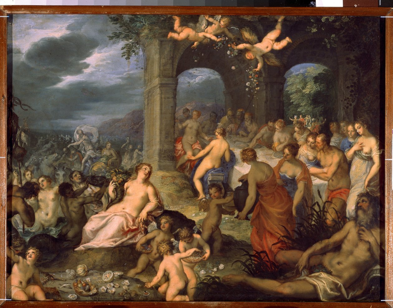 Az istenek ünnepe, Peleusz és Thetis esküvője. Bal oldalon Merin istenségek (gőték és naidák). Középen Tellus Mater (vagy Terra Mater vagy Gaia) földistennő abon szarvával alkotó: Hans I or Johann Rottenhammer