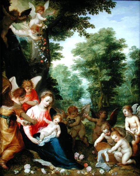 Madonna és gyermeke angyalokkal egy tájban (olaj, réz) alkotó: Hans I or Johann Rottenhammer