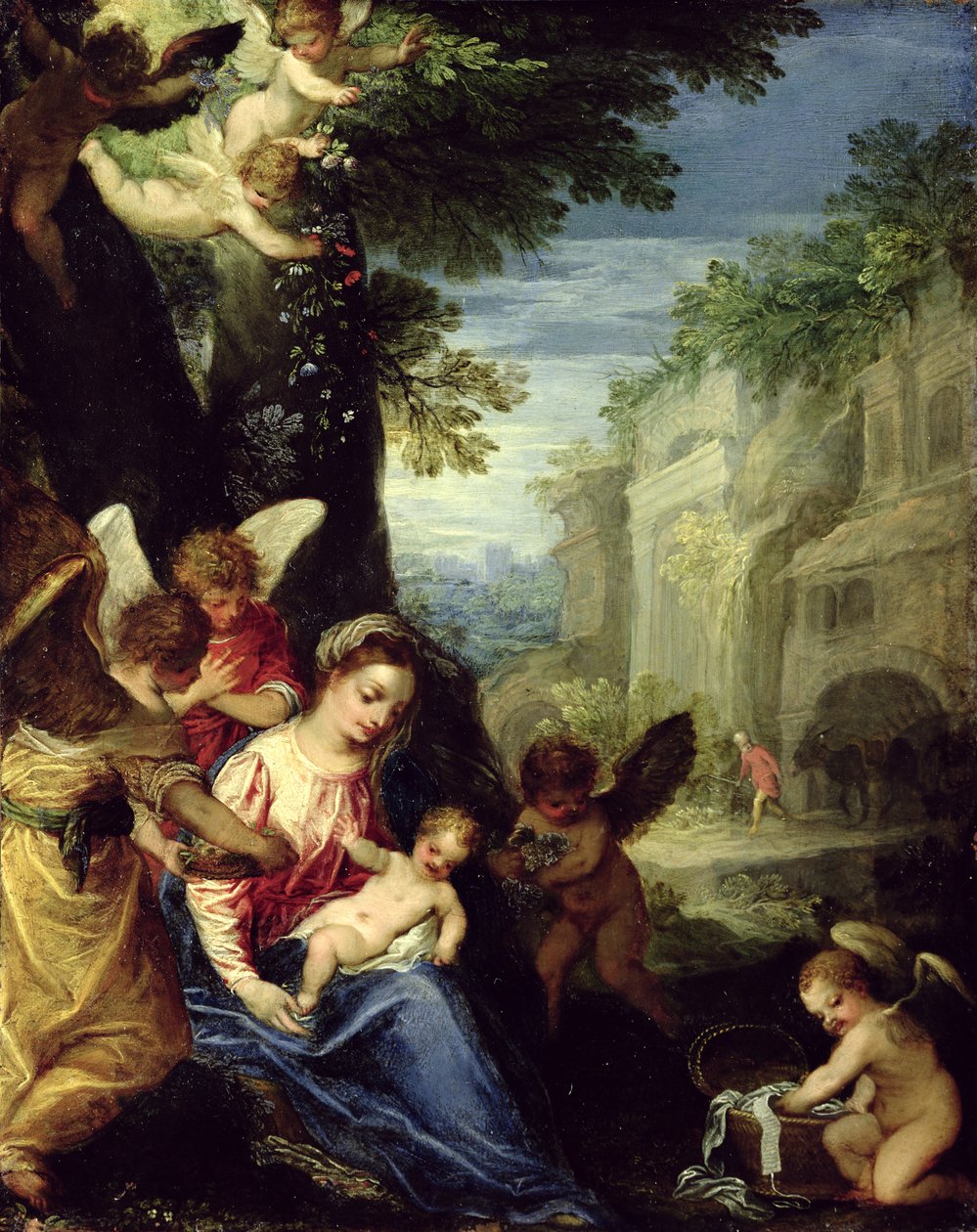 Pihenés az egyiptomi repülés során, 1597 (olaj, réz) alkotó: Hans I or Johann Rottenhammer