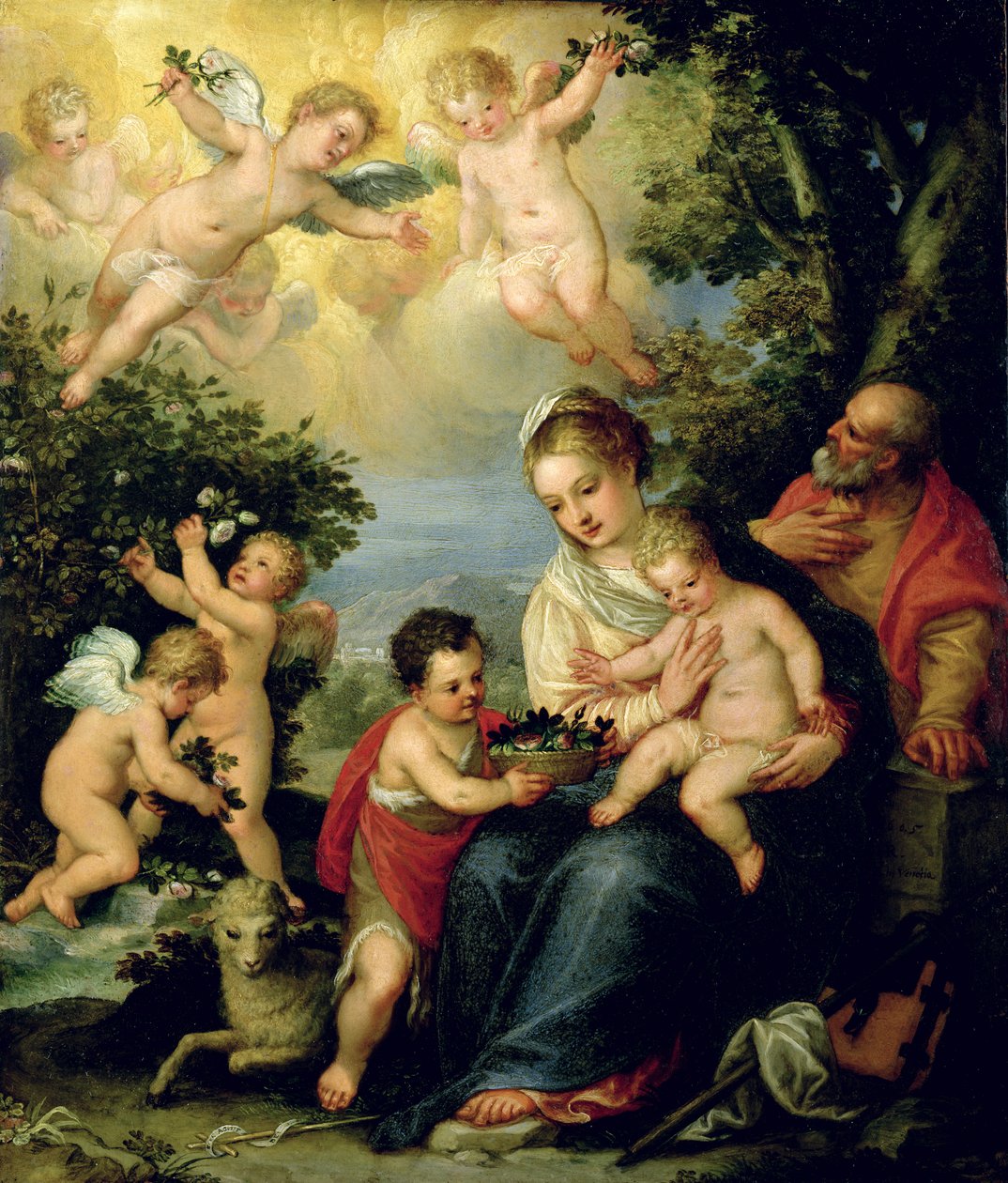 A Szent Család Keresztelő Szent Jánossal és Virágosztó angyalokkal, (olaj, réz) alkotó: Hans I or Johann Rottenhammer