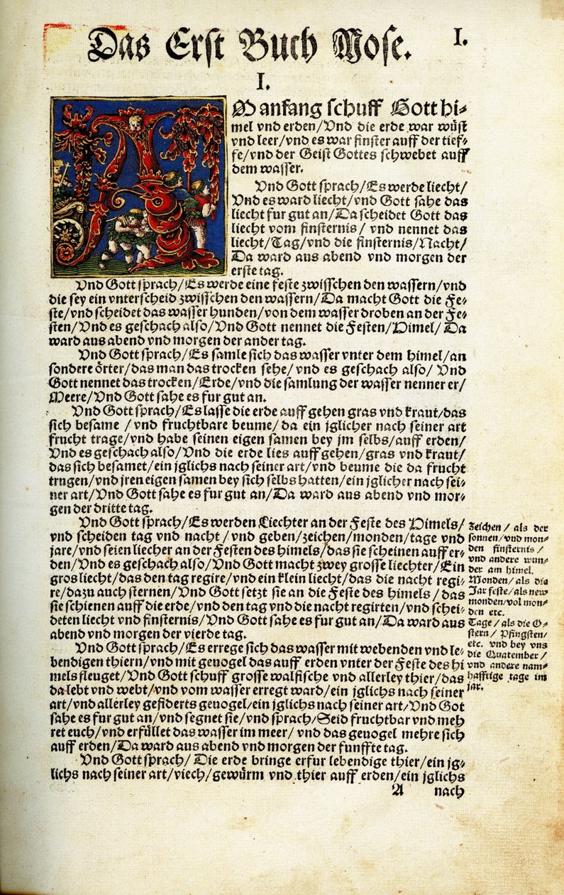 A Teremtés könyvének kezdő oldala Martin Luthers bibliafordításában, 1534 -ben alkotó: Hans Luft