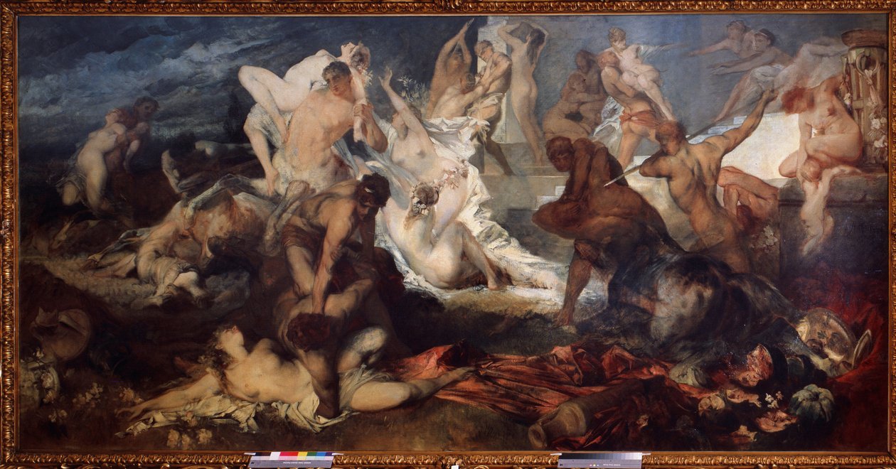 Kentaurok és lapitok vagy lapiták csata (Kentaurok és lapitok csatája). A görög mitológiában a lapithok lemészárolták a kentaurokat. Hans Makart (1840-1884) festménye. Olajfestmény. Osztrák art, szecessziós időszak. Állami Múzeum F alkotó: Hans Makart