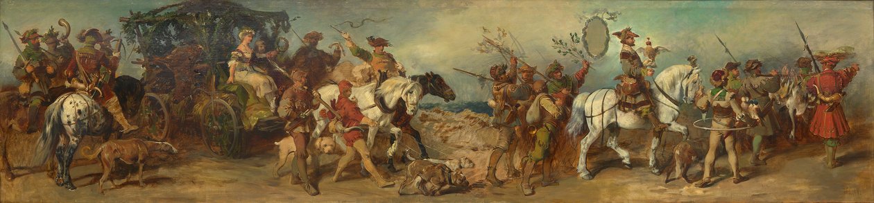 Az 1879-es felvonulás vázlata – Vadászcsoport zsákmánykocsival alkotó: Hans Makart