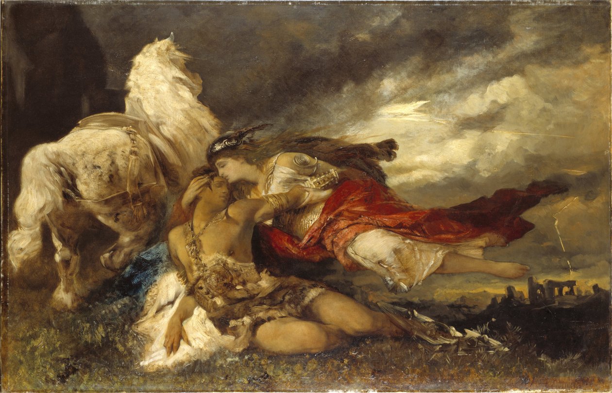 Valkyrie et un heros mourant – Valkyrie és egy haldokló hős, Makart, Hans (1840-1884). Olajfestmény. Mérete: 130x200 cm. Nemzeti Múzeum Stockholm alkotó: Hans Makart