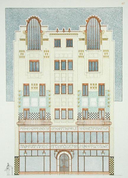 Tervezés egy ötemeletes épülethez, 1900-as évek eleje, a „Documents Architecture Moderne”-tól (színes litho) alkotó: Hans Mayr