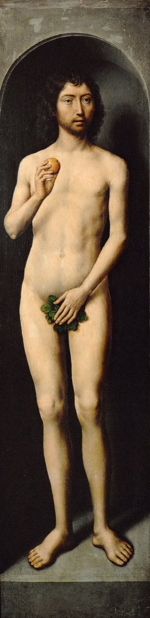 Ádám. Keresztelő Szent János kis triptichonjának oldalszárnya - Hans Memling (1433/40-1494). Olaj, fa, kb 1485. Mérete: 69,4x17,2 cm. Művészettörténeti Múzeum, Vienne alkotó: Hans Memling
