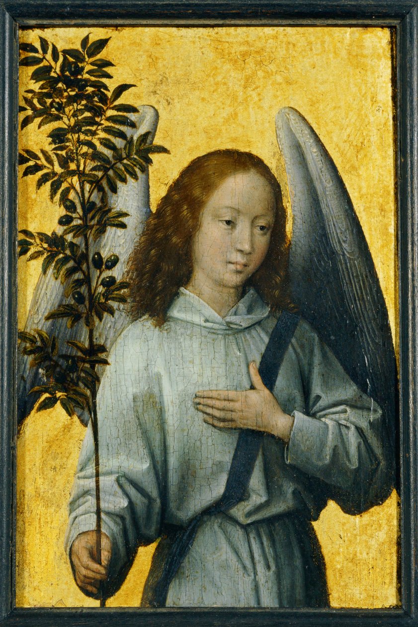 Angyal olajágat tart, az isteni béke jelképe ... alkotó: Hans Memling