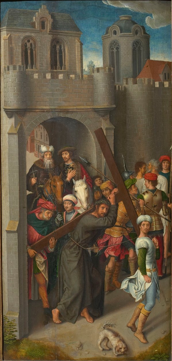 Kálvária-triptichon: keresztet hordozó Krisztus, bal szárny, 1480-as évek. alkotó: Hans Memling