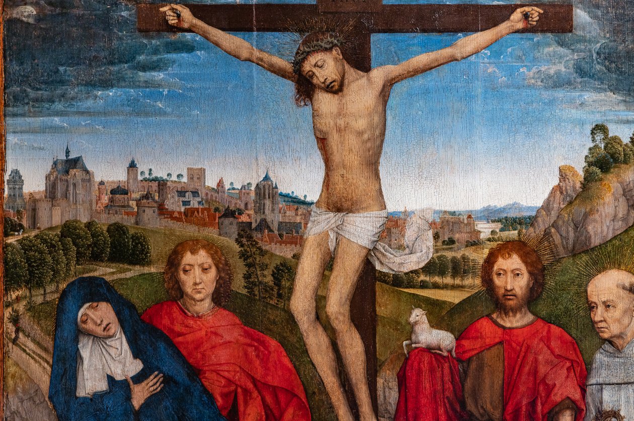 Megfeszített Krisztus a Szűzzel, Keresztelő Szent Jánossal és az evangélistával, Mária Magdolnával és két ciszterci apáttal, részlet alkotó: Hans Memling