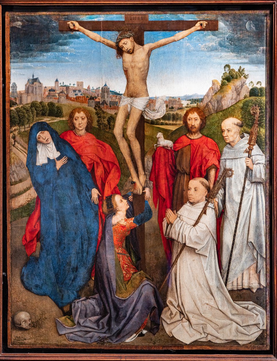 A megfeszített Krisztus a Szűzanyával, Keresztelő Szent János evangélistával, Mária Magdolnával és két ciszterci apáttal. alkotó: Hans Memling