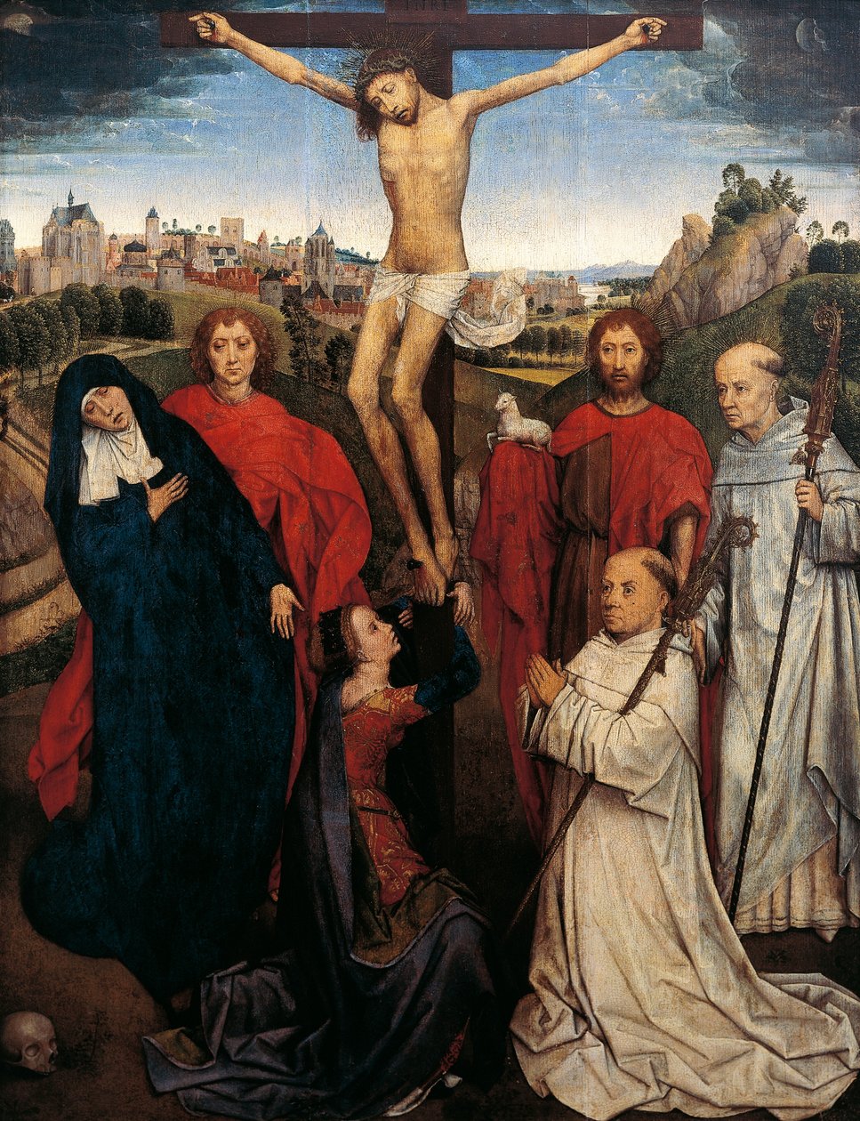 Keresztre feszítés, központi panel a Jan Crabbe triptichonjából, 1470 körül alkotó: Hans Memling