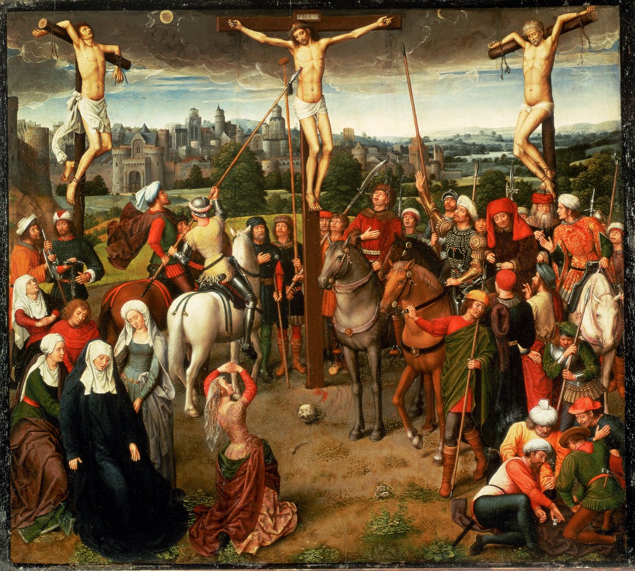 Keresztre feszítés. Egy triptichon középpontja. Olaj-tempera tölgyfára (tempera tölgyfára). alkotó: Hans Memling
