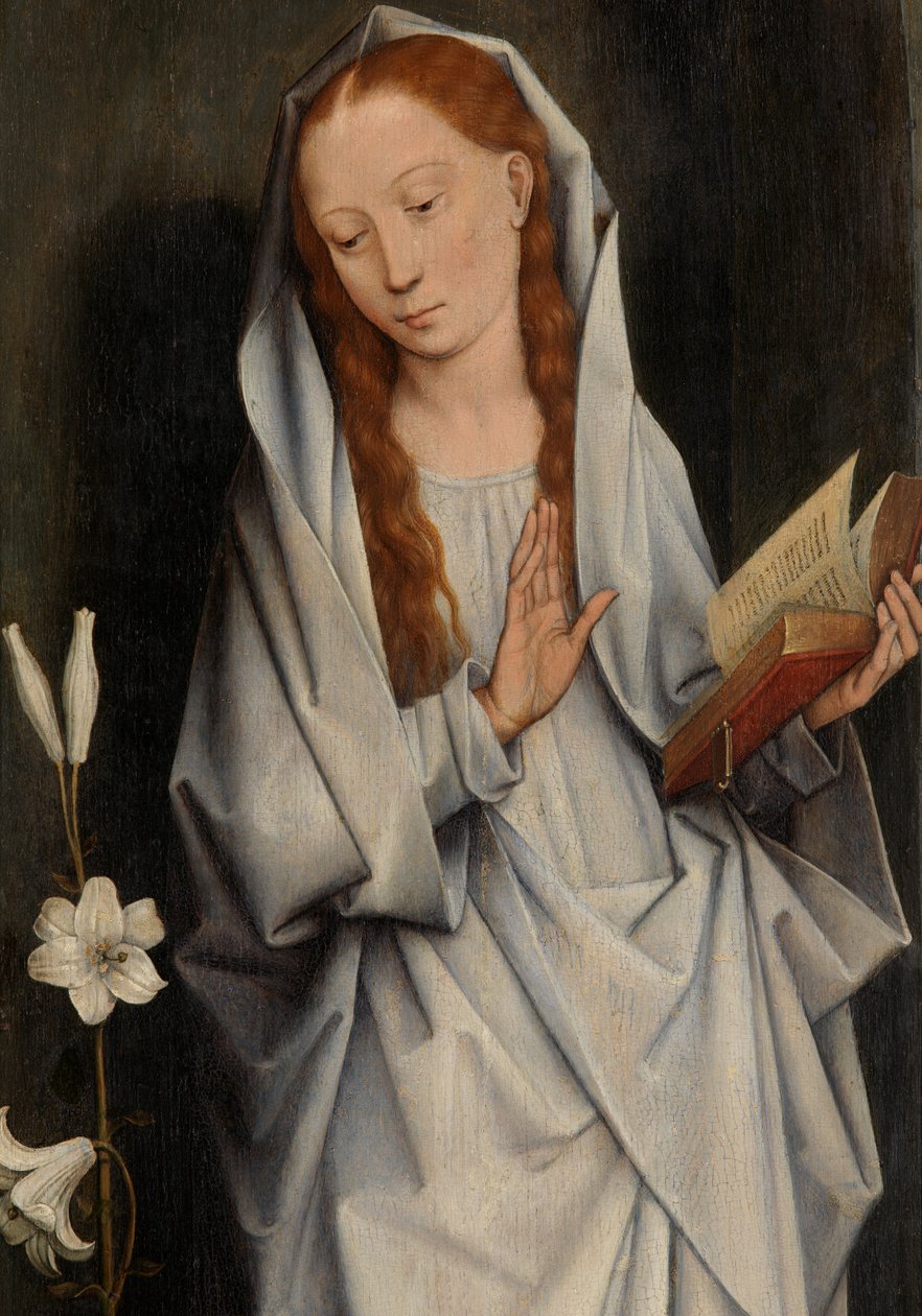 Részlet a Szűzről, az Angyali üdvözletet mutató szárnypár hátoldaláról (olaj a panelen) alkotó: Hans Memling