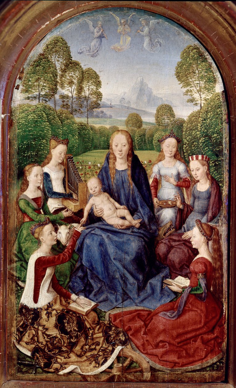 Jean du Cellier diptichonja: Szűz és hat szent (olaj, tábla alkotó: Hans Memling