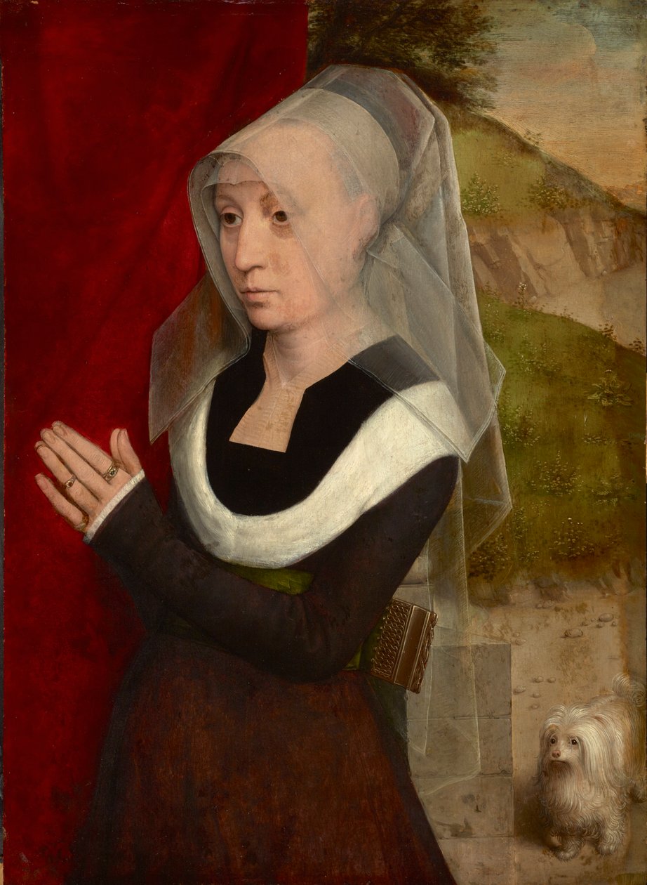 Femme en priere avec son chien – Imádkozó nő kutyájával, szerző: Memling, Hans (1433/40-1494). Olaj, fa alkotó: Hans Memling