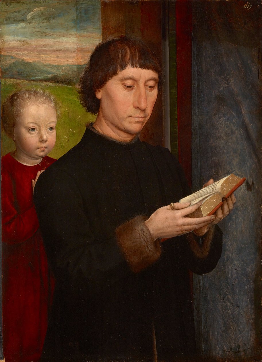 Homme en priere avec son fils defunt – Imádkozó ember elhunyt fiával, Memling, Hans (1433/40-1494). Olaj, fa alkotó: Hans Memling