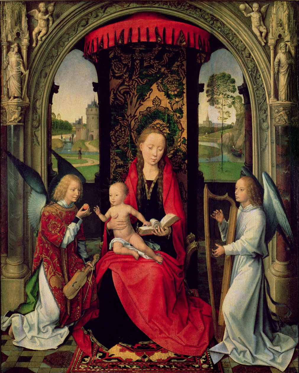 Madonna és gyermek két angyallal (olaj a panelen) alkotó: Hans Memling