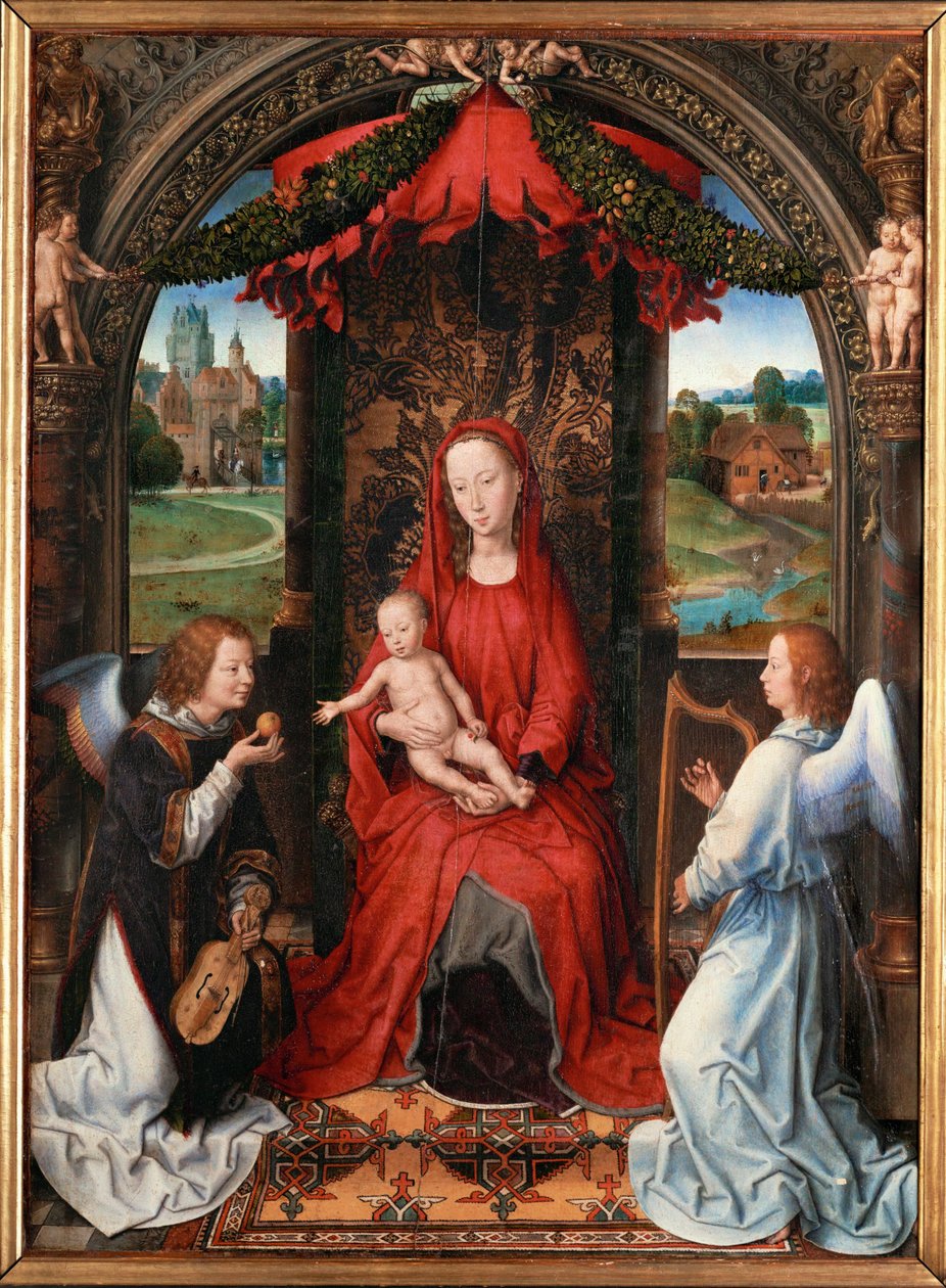 Madonna és gyermeke, angyal hegedűvel a kezében (lihegve) alkotó: Hans Memling