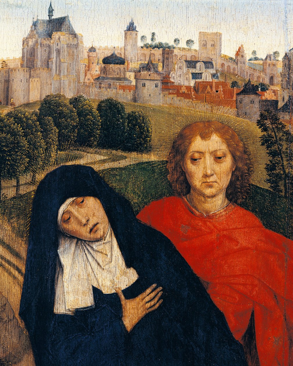 Fájdalmas Szűzanya, részlet Hans Memling keresztre feszítéséből (1430-1494 körül) alkotó: Hans Memling