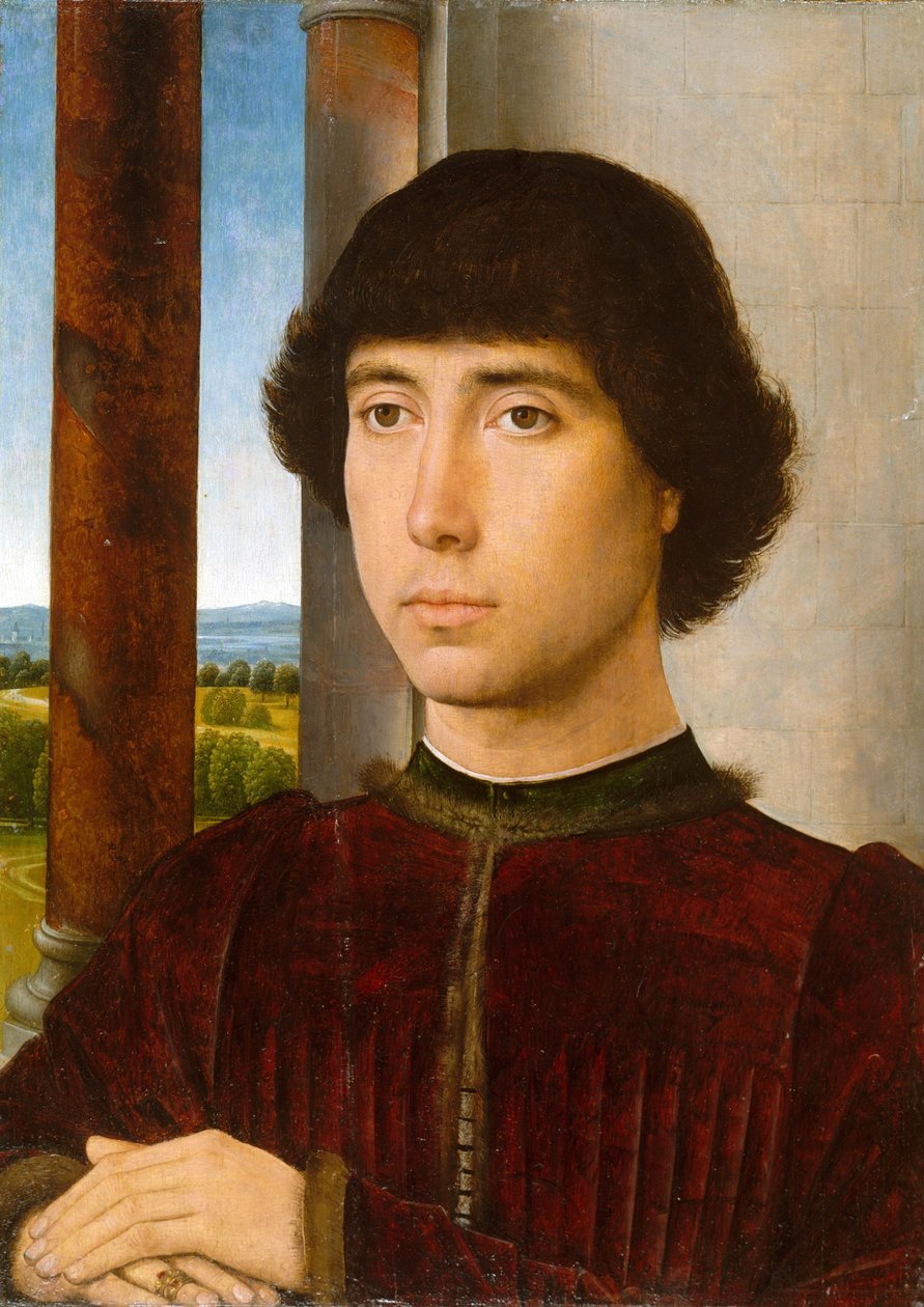 Egy férfi portréja egy loggián alkotó: Hans Memling