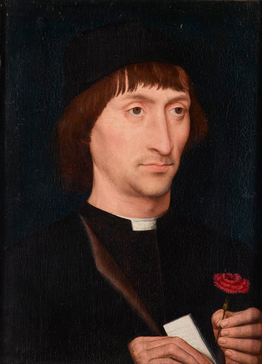 Egy férfi portréja rózsaszínnel alkotó: Hans Memling