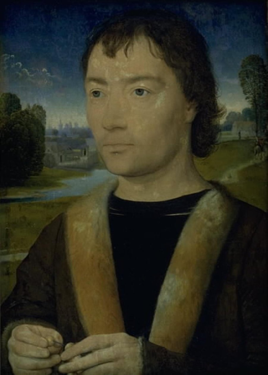 Egy fiatal férfi portréja rózsafüzérrel alkotó: Hans Memling