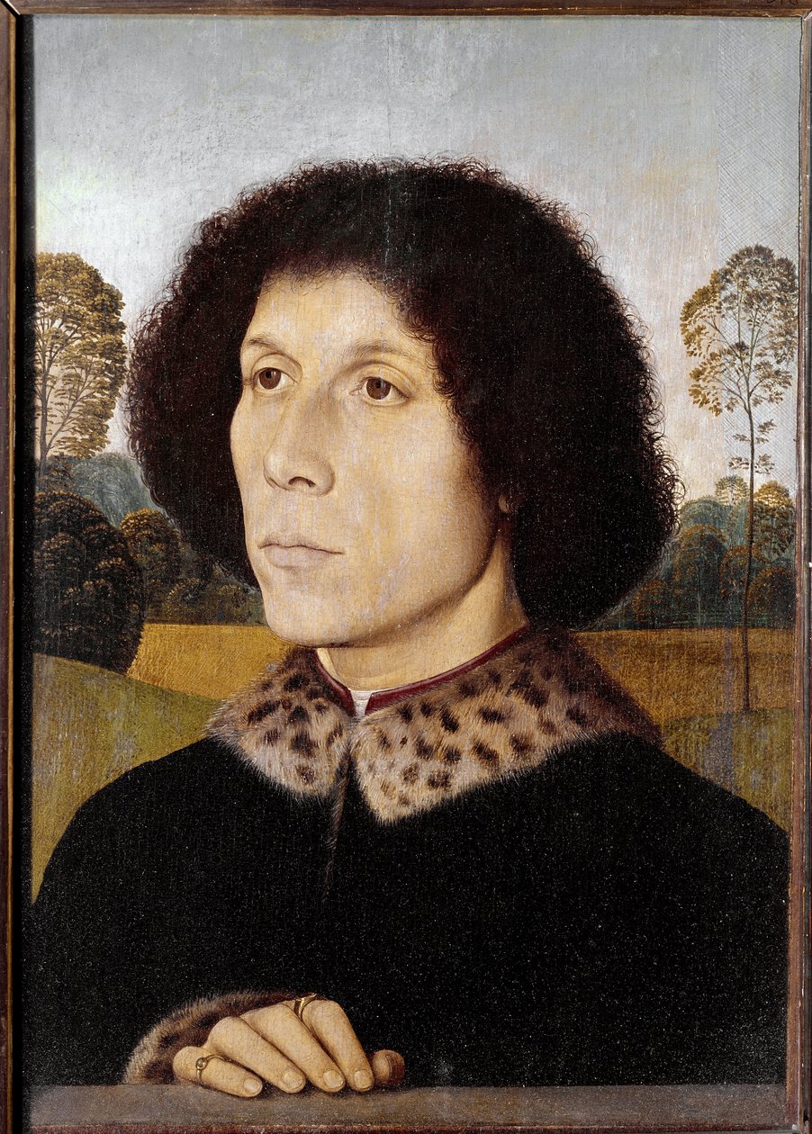 Ismeretlen férfi portréja egy tájban (olaj, fa alkotó: Hans Memling