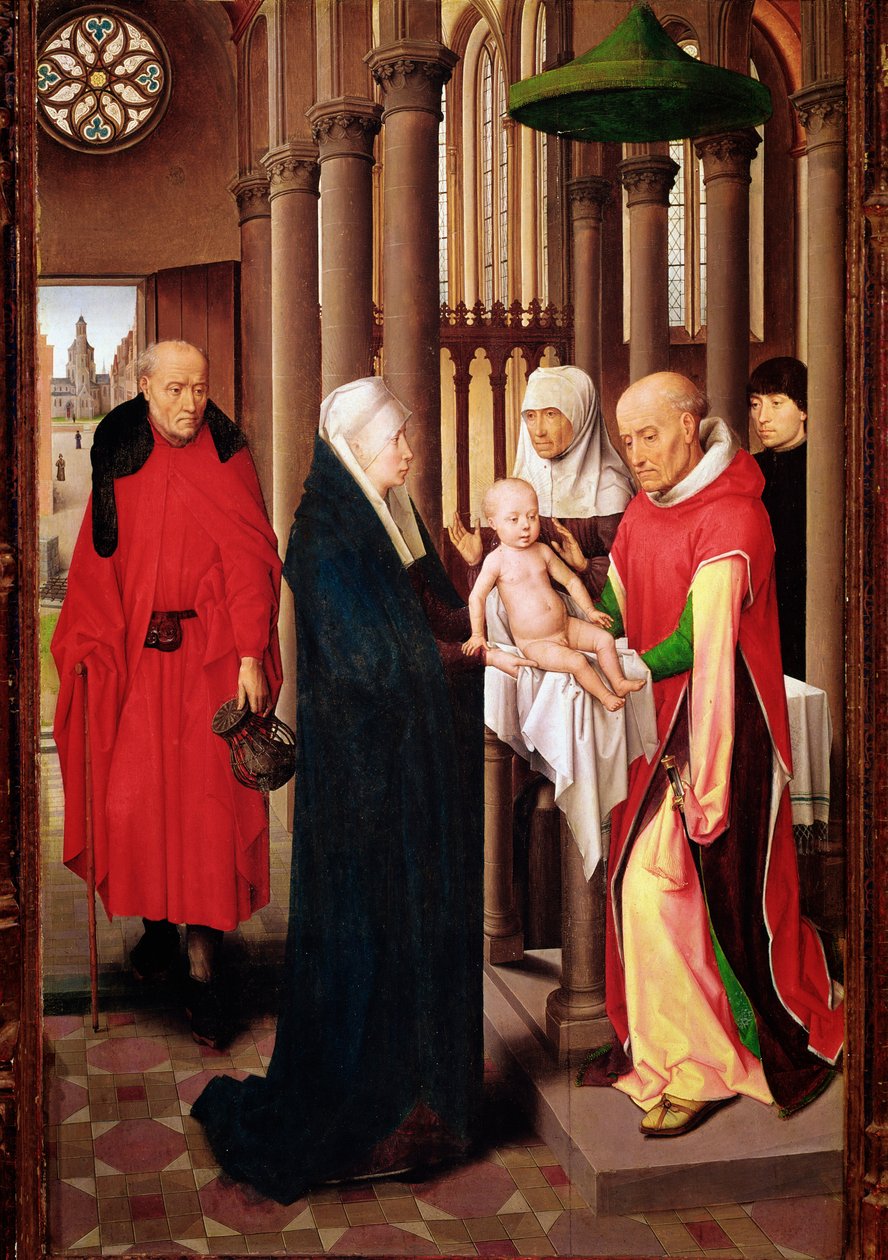 Bemutató a templomban. A Mágusok imádatának triptichonjának jobb oldali táblája (Detrempe, fa, 1470 körül) alkotó: Hans Memling