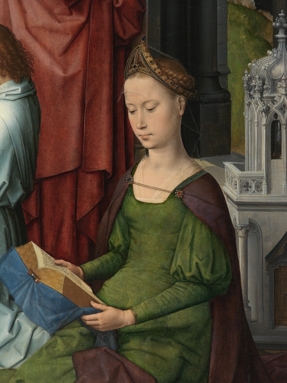 Szent Borbála, Keresztelő Szent János és Szent János evangélista triptichonjának központi táblájának részlete alkotó: Hans Memling