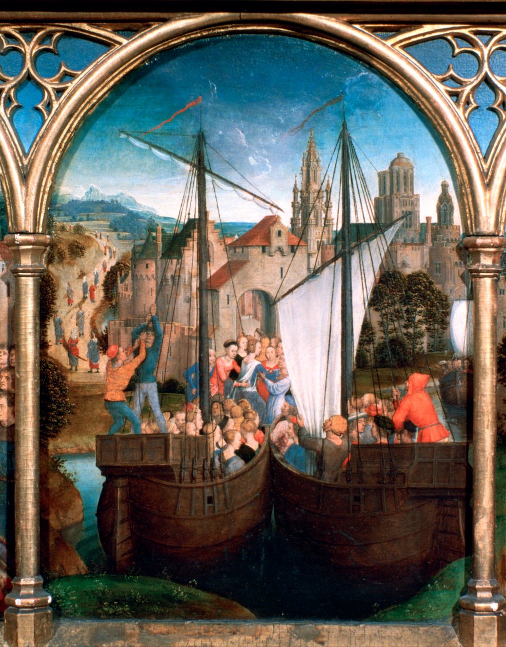 Szent Orsolya-szentély, érkezés Bázelbe, 1489 alkotó: Hans Memling