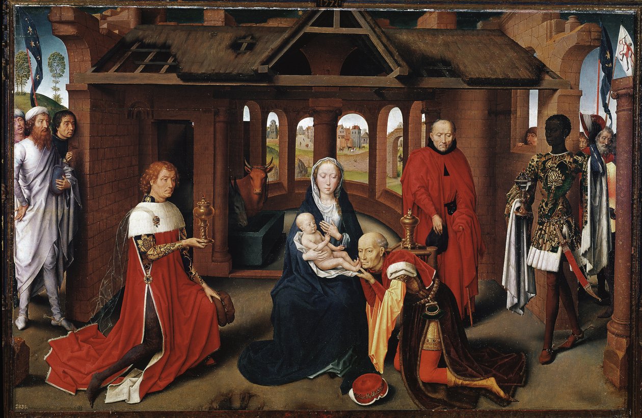A mágusok mint Temerary Károly és a Jó Fülöp. A Mágusok imádása központi panel (Detrempe fán alkotó: Hans Memling