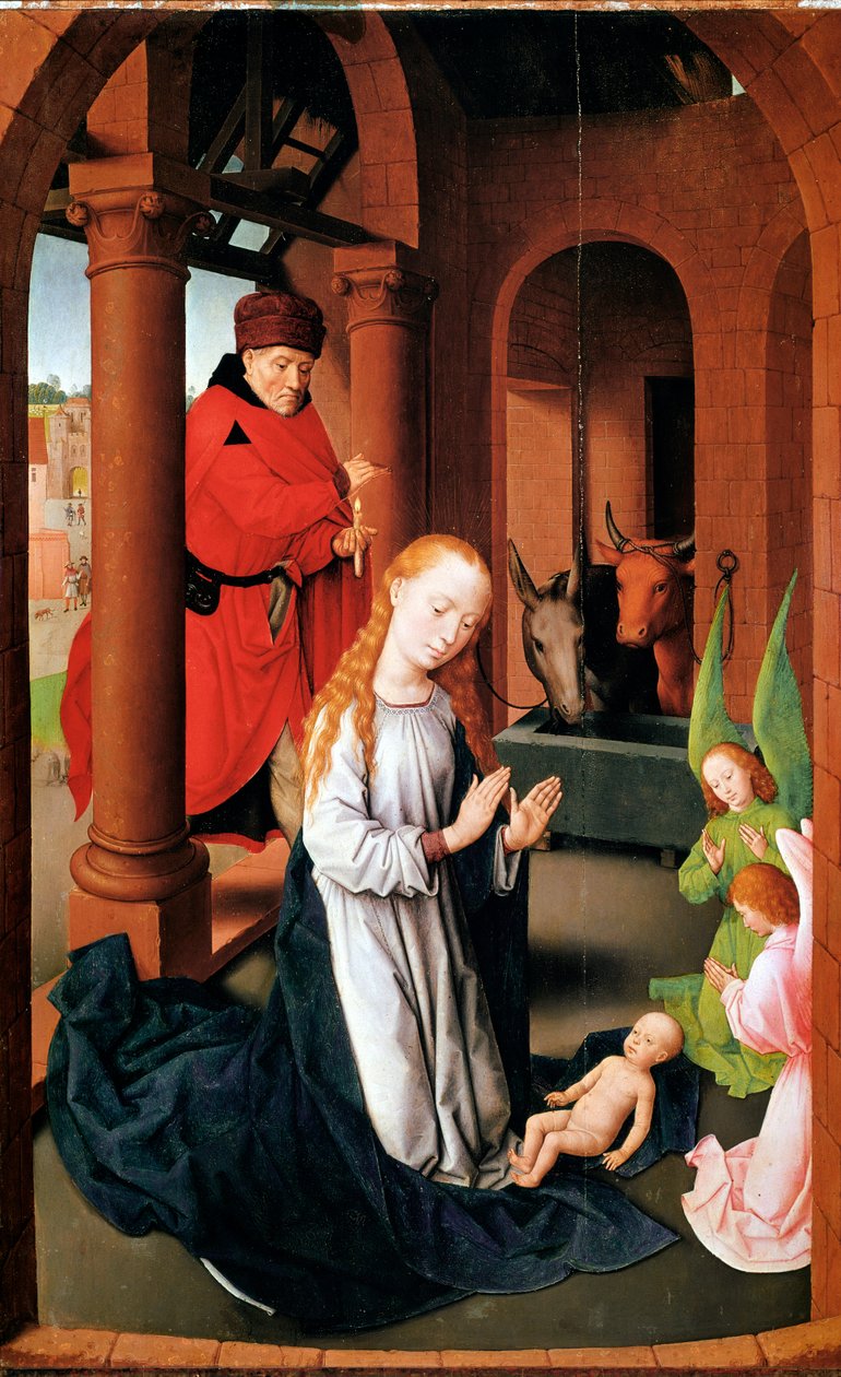 A Születés. Az imádat triptichonja bal oldali panelje (Detrempe, fa, 1470 körül) alkotó: Hans Memling