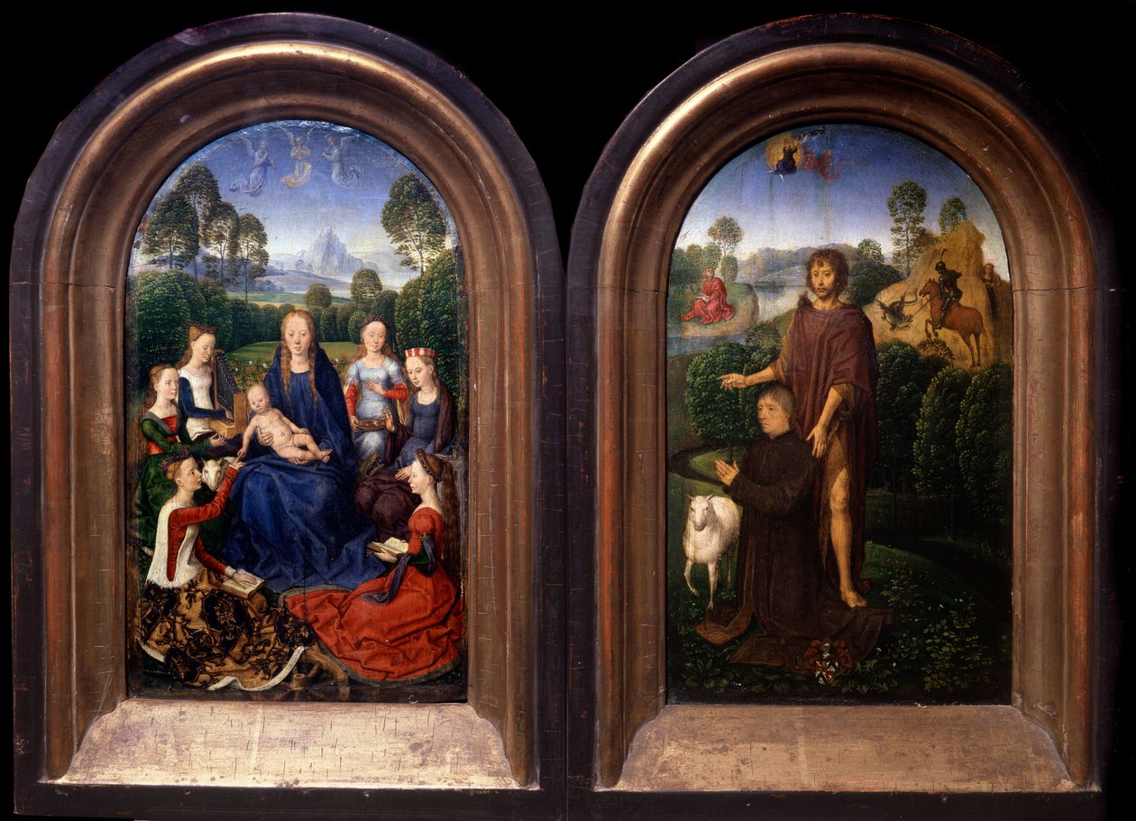 A Szűz és a Gyermek körül Saintes, az adományozó és Keresztelő Szent János diptichon - Hans Memling (1435-1494) festménye (ec flam) 15. századi Párizs, Louvre Múzeum alkotó: Hans Memling